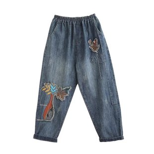 2024 spring new Japanese retro distressed patch embroidered elastic waist Denim cropped pants women's skinny pants