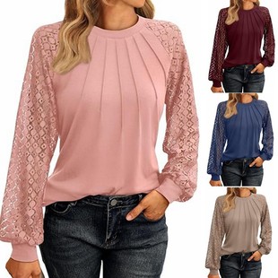 2024 autumn new cross-border European and American women's lace long sleeve T-shirt lace stitching round neck pleated long sleeve shirt