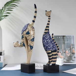 Nordic Fabric Animal Ornaments Imitation Blue and White Porcelain Elephant Cat Deer Resin Crafts Cross-border Home Entrance Decorations