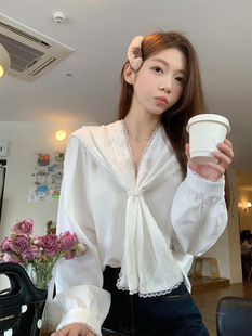 French Retro Lace Navy Collar Shirt Women's Spring Niche Chic Loose Long-sleeved Chiffon Top Trendy