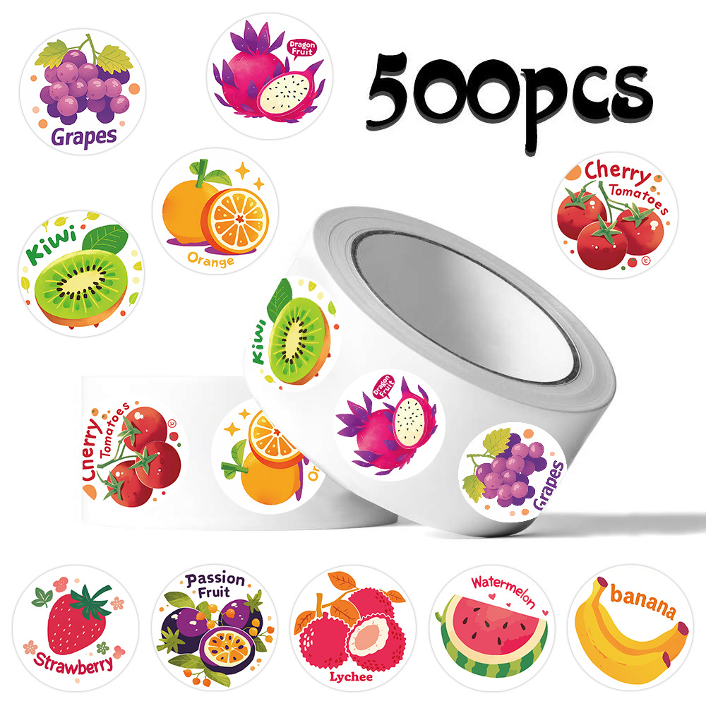Cross-Border Sticker Roll 500 Fruit English Stickers Gift Decoration Sealing Stickers Handbook Material DIY Film Cutting Tape