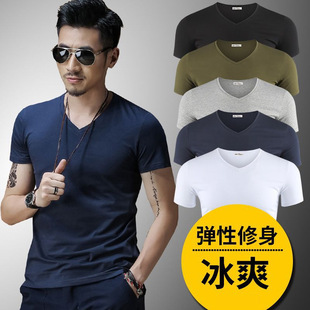 Short-sleeved T-shirt Men's V-neck Slim-fit Solid Color Base Shirt Summer Black Half-sleeved Solid Color Cotton Trendy Tight T-shirt for Men