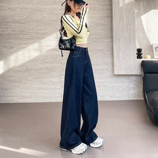 American High Street dark blue Wide Leg Jeans Women's Petite 2025 Spring New High Waist Straight Pants