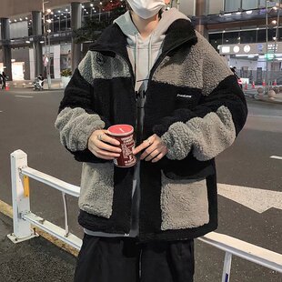 Patchwork contrast color fleece-lined thickened lamb wool coat men's autumn and winter cotton-padded jacket loose warm casual cotton-padded coat Korean style cotton-padded coat