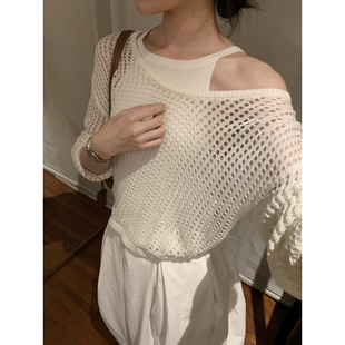 Lazy White Hollow-out Mesh Knitted Blouse Women's Spring and Summer Sling Outer Tulle Sunscreen Fishnet Top Two-piece Set