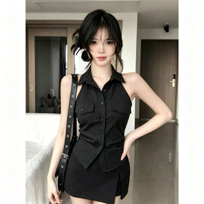Korean-Style Spicy Girl Black Striped Sleeveless Halter Neck Shirt for Women, Summer Slim Fit Waist-Cinching Backless Design Niche Top