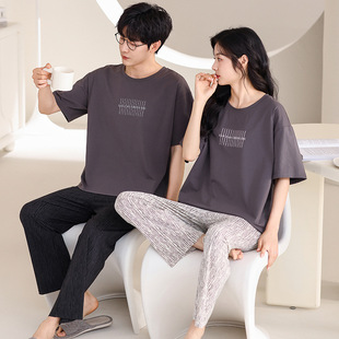 Cool pure cotton couple pajamas summer new women's Lycra cotton short-sleeved trousers thin men's homewear suit