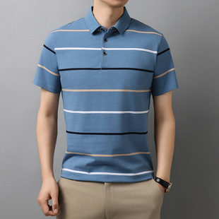 Pure Cotton Polo Shirt Men's Summer New Casual Short-sleeved T-shirt Lapel Striped T-shirt Middle-aged Dad Top Clothes T