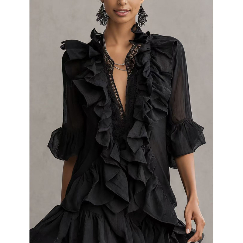 Cross-Border European and American 2026 New Fashion V-Neck Bell-Sleeve Ruffle Elegant Design Dress for Women