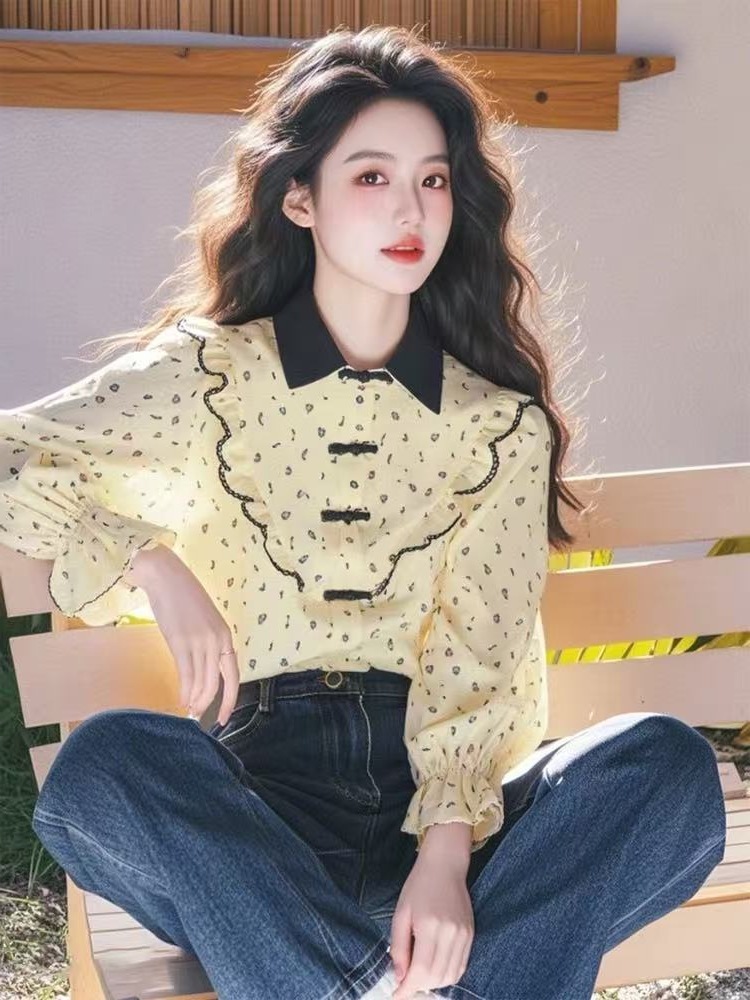 2025 New Style Shirt Unique Super Good-looking Western Style Design Sense Age-reducing Yellow Floral New Chinese Style Shirt Female Spring