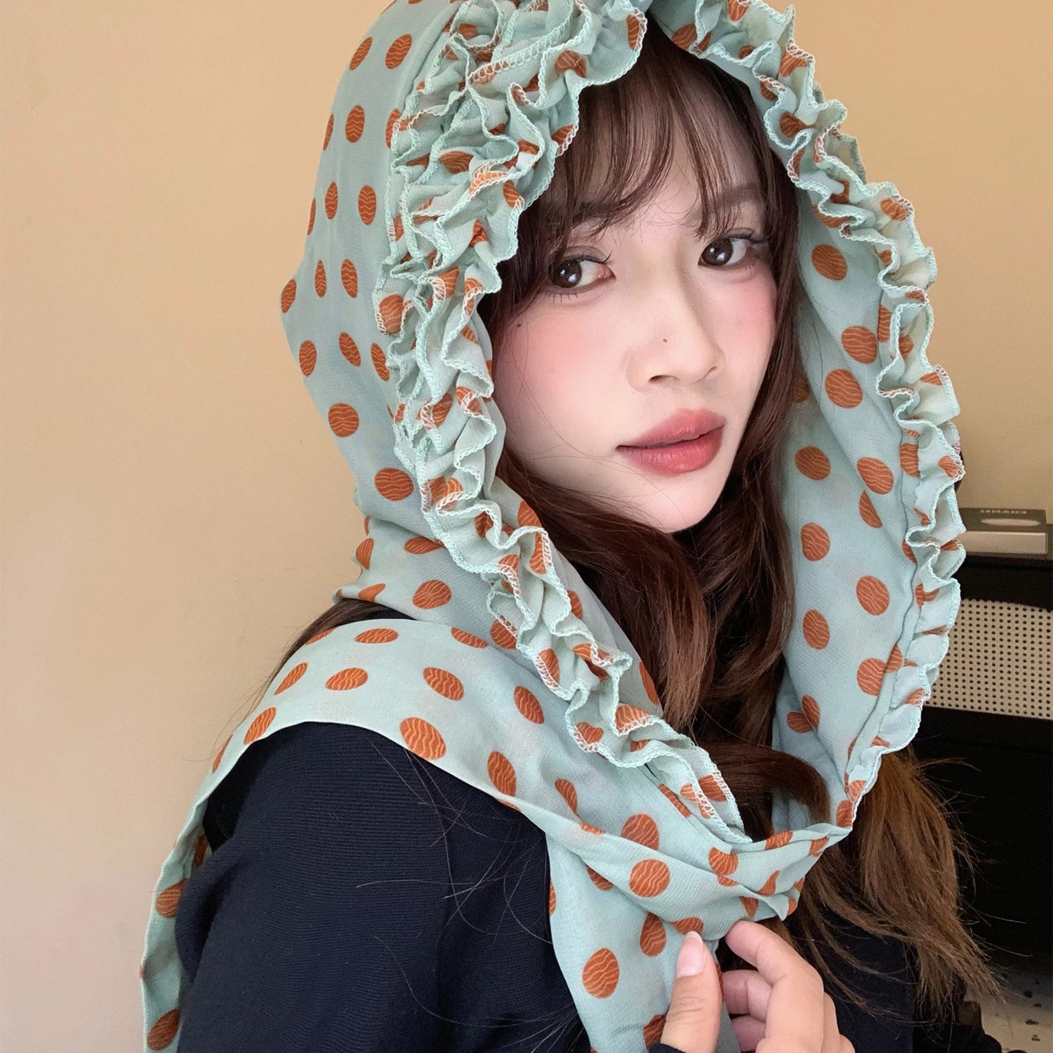 2026 Spring/Summer New Polka Dot Silk Scarf Hat for Women, Versatile Sun Protection Headscarf Hat for Travel Photography Outdoor Ribbon Hat