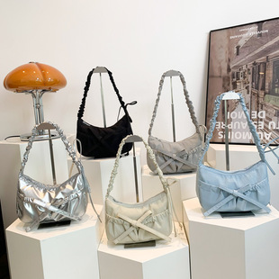 New South Korea Niche Casual Personality Folded Bag Lace Drawstring Nylon Bag Shoulder Crossbody Bag Underarm Bag Wholesale