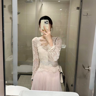 Pure Desire French Hollow-out Long-sleeved Lace Shirt Elegant Slim-fit Slimming Top Mesh Large Swing Skirt Two-piece Set