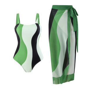 European and American One-Piece Swimsuit Bikini Set Bikini Conservative Belly Covering Beach Dress Chiffon Wrap Skirt Hot Spring Swimsuit