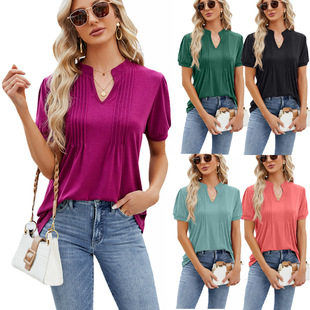 2024 spring and summer women's clothing Amazon independent station temu cross-border foreign trade new V-neck pleated pull-up short sleeve t-shirt