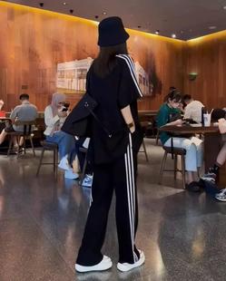 European fashion V-neck sportswear suit women's summer fat mm300kg plus size thin loose wide-leg pants two-piece suit