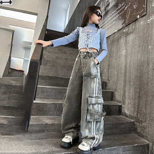 Girls' Spring and Autumn Pants 2024 New Korean Style Middle and Large Children's Striped Denim Wide Leg Pants Fashionable Crane Pants
