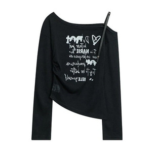 American-style Retro Letter Print Shoulder Long-sleeved T-shirt Women's Spring Spice Girls Slim-fit Slimming Irregular Short Top