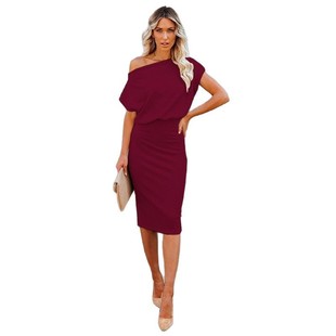 Cross-border Foreign Trade European and American Women's Clothing Amazon 2025 Summer One-character Collar Fashionable Shoulder-exposed Waist Solid Color dress