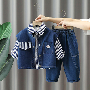 Boys' Denim three-piece spring clothes 2024 new spring and autumn Western style children's Ruan handsome striped shirt vest suit