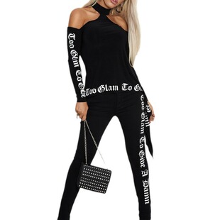 Alphabet Print Shoulder T-shirt and Leggings Set Sport Yoga Wear