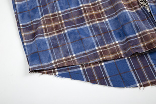 European and American high street retro craft Plaid arc slit zipper design plaid pattern cardigan long sleeve shirt shirt
