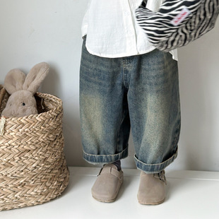 Children's Jeans Autumn and Winter 2024 New Small and Medium-sized Children's One-piece Fleece Warm Casual Pants Baby Men and Women Fleece-lined Pants