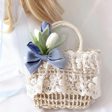 Original handmade pink tulip Lolita accessories, sun hat, straw hat, oil painting style travel photography woven bag, basket