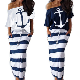 Cross-border AliExpress Amazon eBay Explosions Navy Style Leisure Ship Anchor Printed Short Sleeve T-shirt + Skirt Set