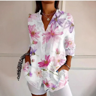New Amazon Cross-Border Long Shirt for Women, Summer Independent Long-Sleeved Shirt, Flower Pattern Printed 3D Shirt