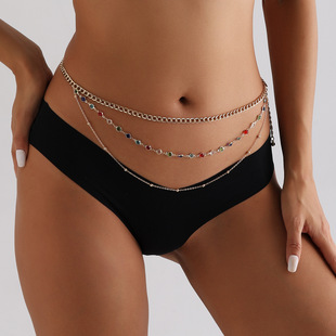 European and American cross-border jewelry fashion geometric color rhinestone butterfly tassel waist chain female personality creative multi-layer beam waist chain