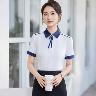 Summer New Thin Contrast Color Stitching White Short-sleeved Shirt Female Kindergarten Teacher Garden Clothes Shirt Work Clothes