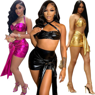 HR8226 European and American Fashion Women's Amazon Lace-up Sexy Nightclub Style Stretch Leather Two-piece Set