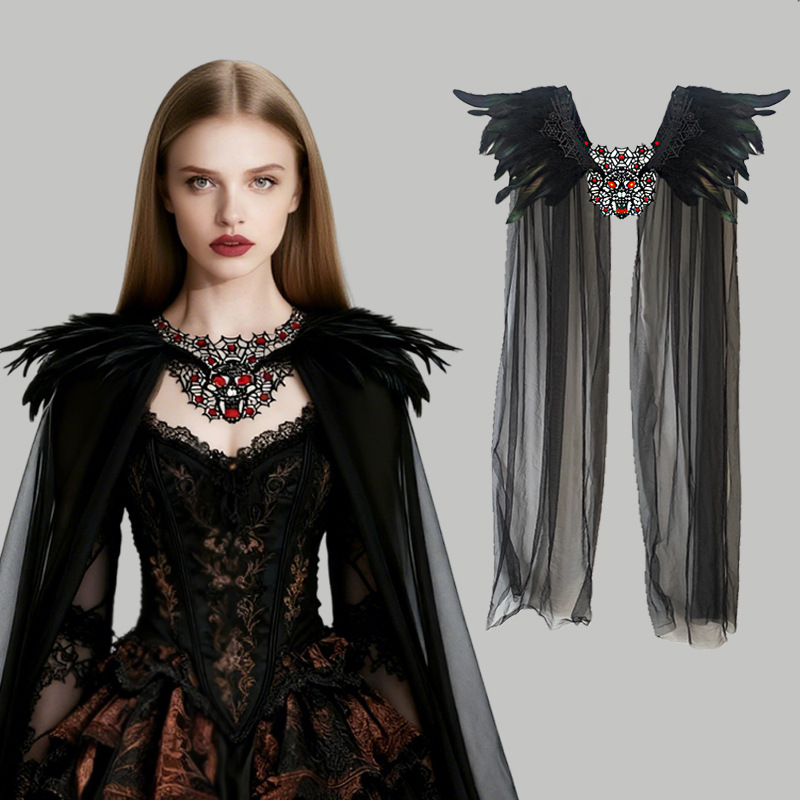 New Halloween Black Feather Mesh Lace Skull Rhinestone Shawl for Makeup Parties and Dance Events