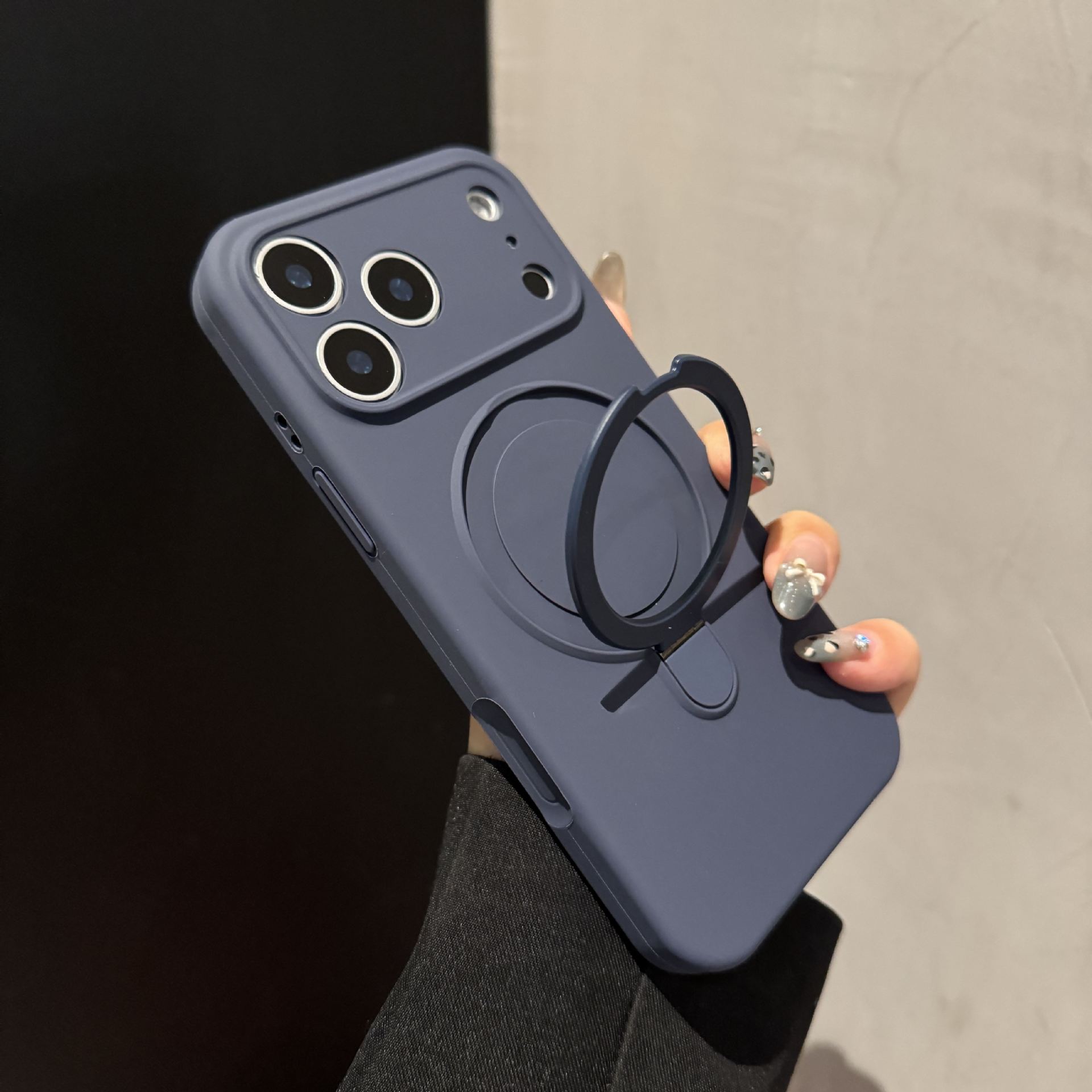 2025 New Model Dark Blue Liquid Silicone Magnetic Stand Suitable for iPhone 17 Pro Max Phone Case, Apple 16 Pro Max Protective Cover, 15 Plus Anti-Drop, 14 Full Coverage, 13 Lens Protection, 12 Air