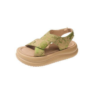 National Fashion Style Thick Sole Sandals 2024 Summer New Style Platform Sole Women's Sandals Printed Chanel Style Beach Sandals