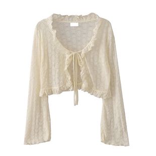 Summer New Korean Style Gentle Ear Lace Thin Trumpet Sleeve Lace Short Lace Cardigan Coat Women