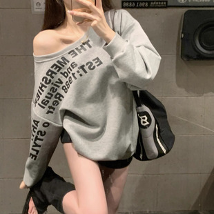 Pure Desire Sexy Sweet Hot Girl One Shoulder Long Sleeve Sweater Women's Early Autumn Loose Lazy Style Letter Printed Easiest for Match Top