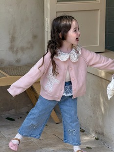 Girls' Knitwear 2025 Spring Korean-style Rabbit Sticker Sweater Coat Lapel Base Shirt Bow Jeans