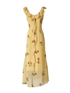 French V-neck Yellow Floral Sling dress Children's Summer Elegant Tight Waist Slimming Dopamine Sweet Long Dress