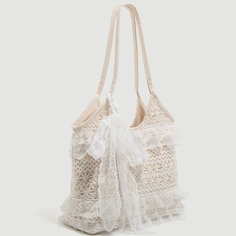 Niche Tote Bag, Spring/Summer Casual Vacation Style, Ethereal Lace Mesh Shoulder Bag, Large Capacity Commuter Bag