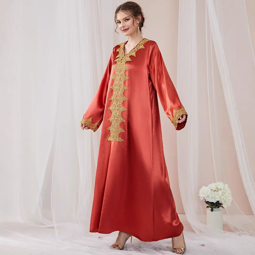 2025 Cross-Border Foreign Trade Women's Clothing Autumn and Winter Solid Color Dress with Appliqué Edges in Stock