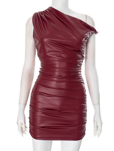 2024 Winter New Elegant Sexy Asymmetric Shoulder Pleated Slim Figure Leather dress Skirt