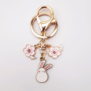 Cute alloy key chain cherry blossom rabbit pink girl heart pendant cartoon bag key ring hanging jewelry creative