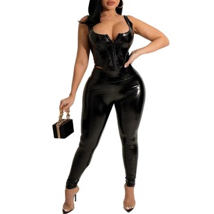 European and American Cross-Border Sexy Women's Solid Black Shiny Leather Metallic Texture Gold-Stamped Leggings and Camisole Set
