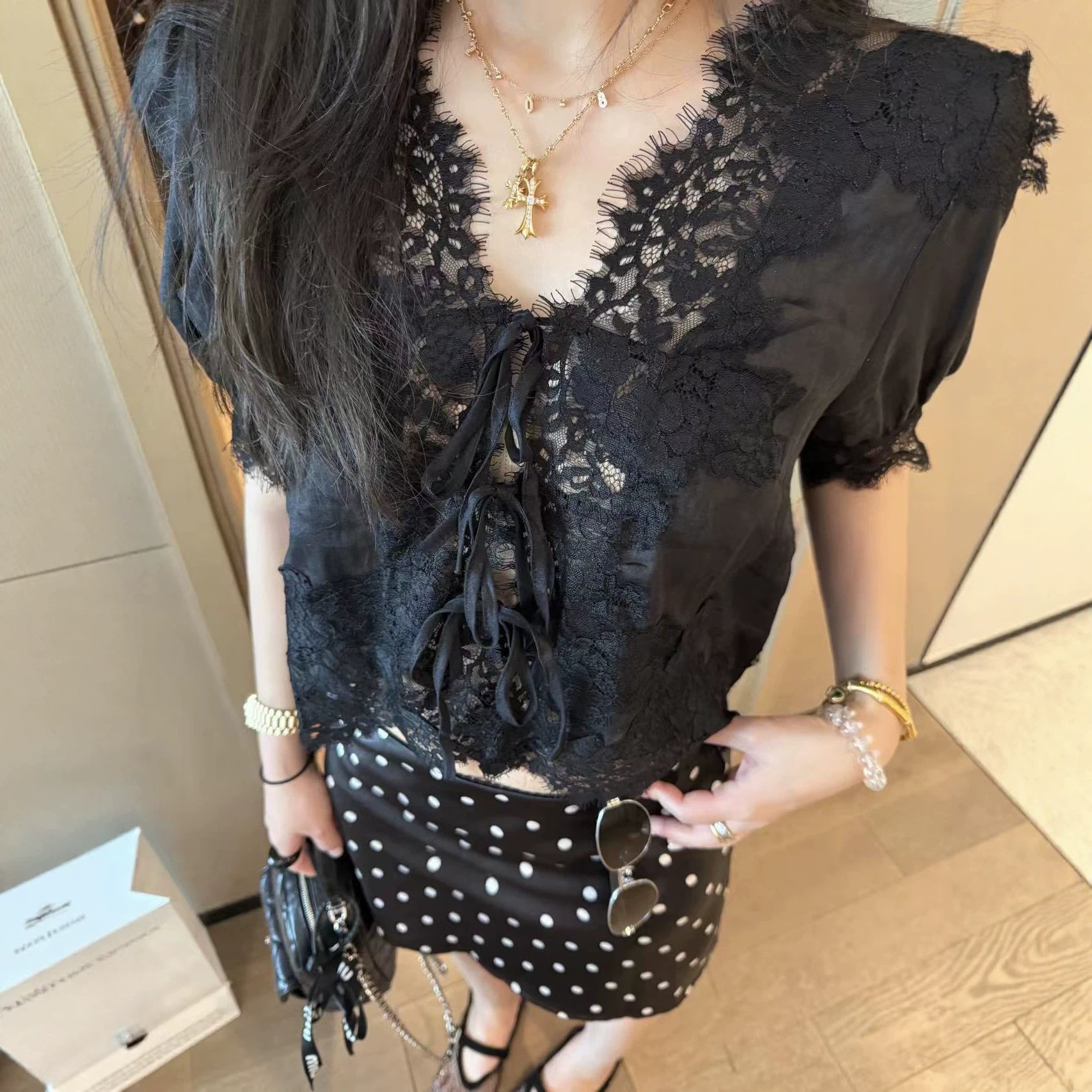 2026 Summer New Slim-Fit Black Elegant Style Top and High-Waisted A-Line Skirt Set for Women