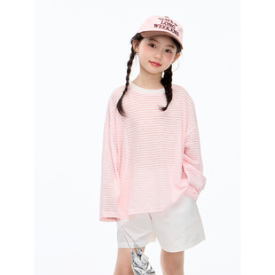 Girls' Thin Striped Long-sleeved T-shirt 2025 Summer Children's Lightweight Breathable Shade Air-conditioning Shirt Loose Trendy Top