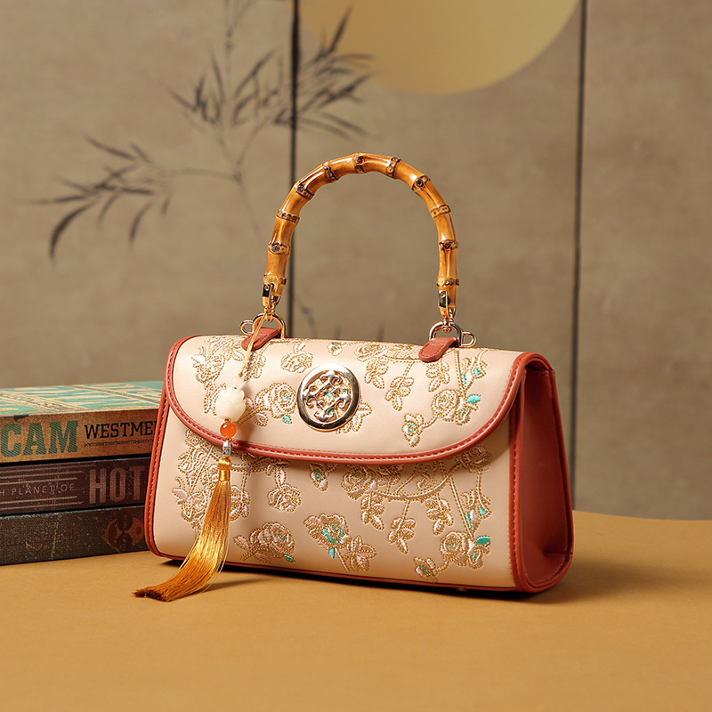 2024 New Embroidered Rose Mother Bag, New Chinese Style Shoulder Bag, Crossbody Bag, Handbag, Bamboo Joint Wedding Bag, Mother-in-Law Bag