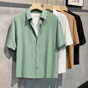 Short-sleeved shirt men's summer thin solid color lapel shirt American fashionable ins loose casual jacket one-piece delivery