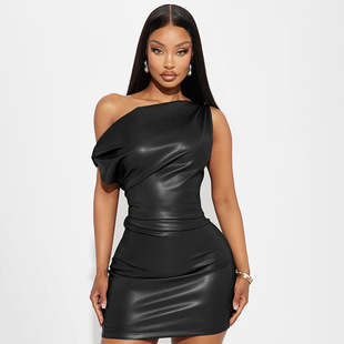 European and American-style Elegant Fashion PU Leather Solid Color Stitching Sexy Slant Shoulder Slim-fit Slim-fit Short dress for Hip